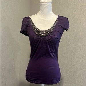 Elegant Purple Women's Top with Embellished Neckline